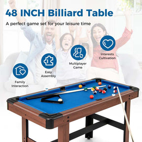 48" Wooden Billiards Table w/ 2 Cue Sticks, 16 Balls, 2 Chalks, Triangle, Brush, Mini Pool Game Table for Family Game Room Bar Office