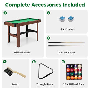 48" Wooden Billiards Table w/ 2 Cue Sticks, 16 Balls, 2 Chalks, Triangle, Brush, Mini Pool Game Table for Family Game Room Bar Office