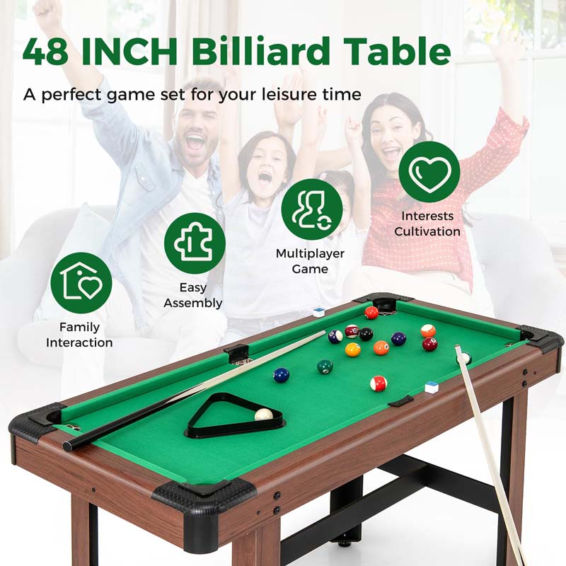 48" Wooden Billiards Table w/ 2 Cue Sticks, 16 Balls, 2 Chalks, Triangle, Brush, Mini Pool Game Table for Family Game Room Bar Office