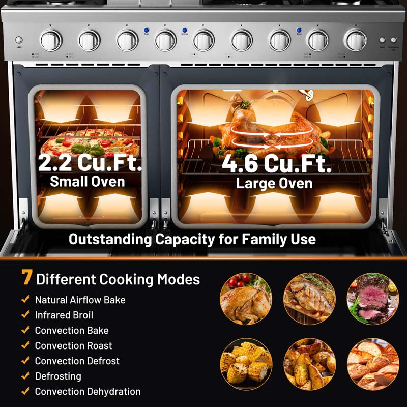 48" Freestanding Dual Fuels Natural Gas Range with 7 Burners Cooktop & Double Convection Ovens, Storage Drawer