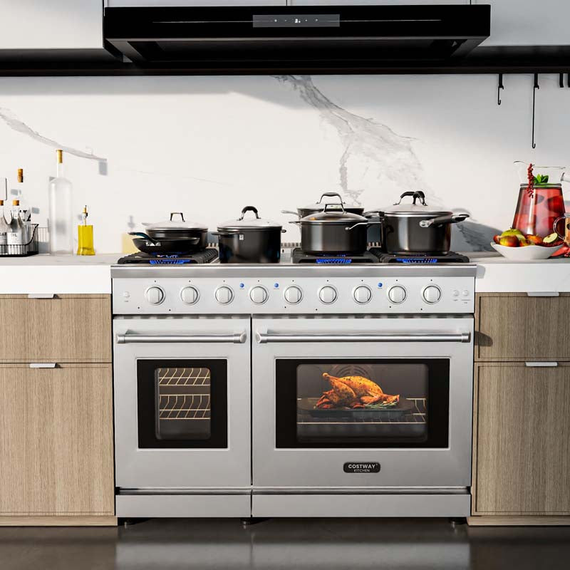 48" Freestanding Dual Fuels Natural Gas Range with 7 Burners Cooktop & Double Convection Ovens, Storage Drawer