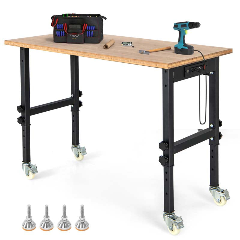 48" Mobile Work Table with Power Outlet, Removable Wheels & Foot Pads, 1984LBS Capacity Bamboo Wood Top Height Adjustable Rolling Workbench