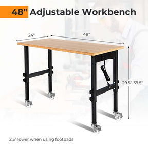 48" Mobile Work Table with Power Outlet, Removable Wheels & Foot Pads, 1984LBS Capacity Bamboo Wood Top Height Adjustable Rolling Workbench
