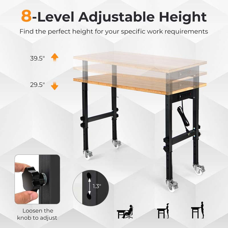 48" Mobile Work Table with Power Outlet, Removable Wheels & Foot Pads, 1984LBS Capacity Bamboo Wood Top Height Adjustable Rolling Workbench