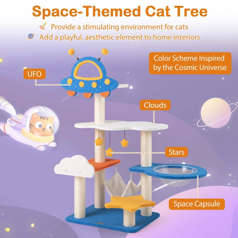 49" Tall Space-Themed Multi-Level Cat Tree Tower with UFO Top Perch Space Capsule, Sisal Scratching Posts, Cloud & Star Platforms