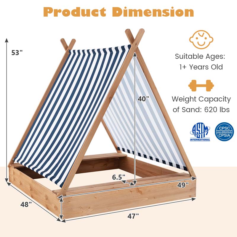 49" x 48" Large Wooden Kids Sandbox w/Cover, 2 Bench Seats, Blue & White Stripes, Outdoor Cabana Sand Pit for Backyard Beach