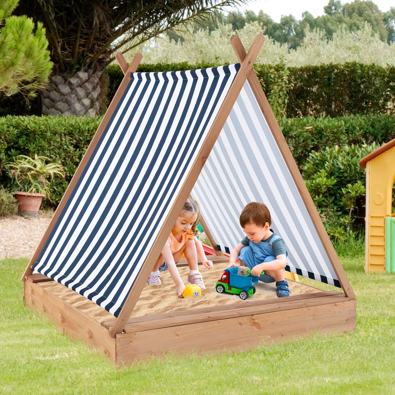 49" x 48" Large Wooden Kids Sandbox w/Cover, 2 Bench Seats, Blue & White Stripes, Outdoor Cabana Sand Pit for Backyard Beach