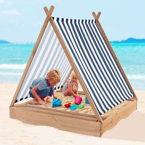 49" x 48" Large Wooden Kids Sandbox w/Cover, 2 Bench Seats, Blue & White Stripes, Outdoor Cabana Sand Pit for Backyard Beach