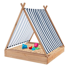 49" x 48" Large Wooden Kids Sandbox w/Cover, 2 Bench Seats, Blue & White Stripes, Outdoor Cabana Sand Pit for Backyard Beach