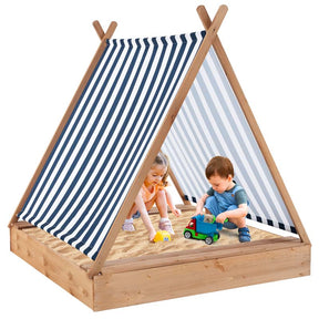 49" x 48" Large Wooden Kids Sandbox w/Cover, 2 Bench Seats, Blue & White Stripes, Outdoor Cabana Sand Pit for Backyard Beach