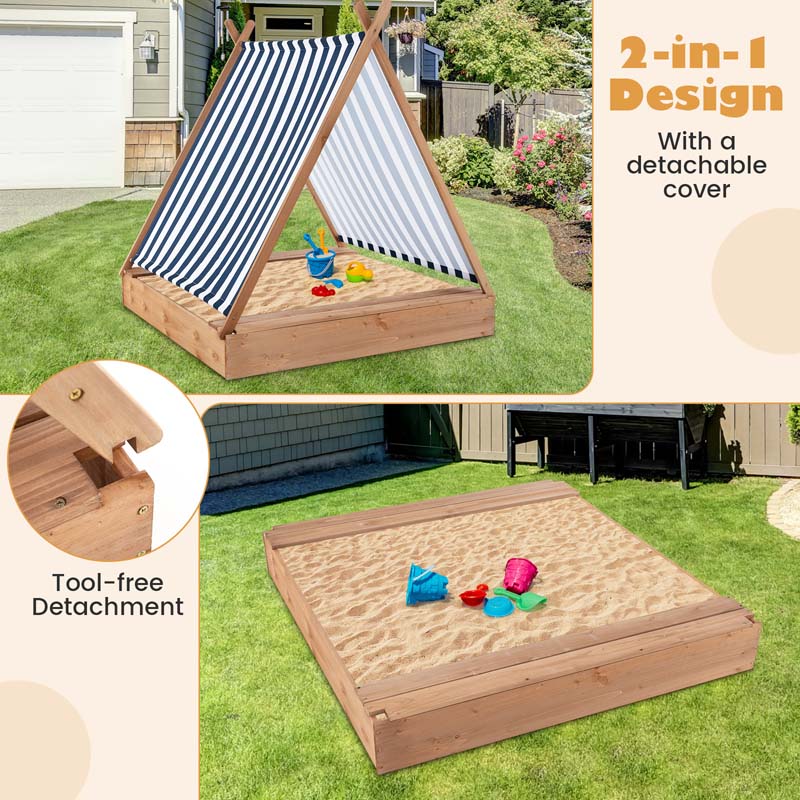 49" x 48" Large Wooden Kids Sandbox w/Cover, 2 Bench Seats, Blue & White Stripes, Outdoor Cabana Sand Pit for Backyard Beach