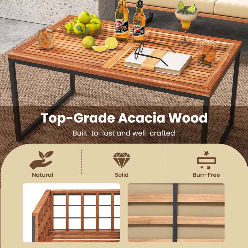 4Pcs Acacia Wood Outdoor Sofa Set with Heavy Duty Metal Frame, Soft Seat & Back Cushions
