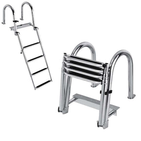 4-Step Folding Pontoon Boat Ladder with Pedal Handrail, Stainless Steel Telescoping Swimming Pool Deck Ladder for Yacht Marine