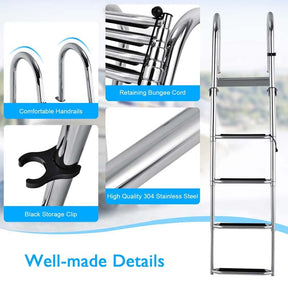 4-Step Folding Pontoon Boat Ladder with Pedal Handrail, Stainless Steel Telescoping Swimming Pool Deck Ladder for Yacht Marine