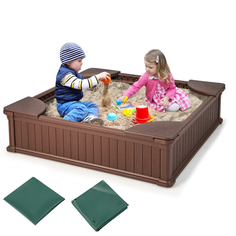 4 x 4 FT Large HDPE Kids Sandbox with Oxford Cover, 4 Corner Seats & Bottom Liner, All Weather Resistant Outdoor Sand Pit