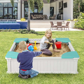 4 x 4 FT Large HDPE Kids Sandbox with Oxford Cover, 4 Corner Seats & Bottom Liner, All Weather Resistant Outdoor Sand Pit