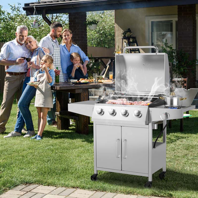 50000BTU 5-Burner Propane Gas Grill with 4 Wheels & 2 Prep Tables, Heavy-Duty BBQ Grill for Outdoor Cooking