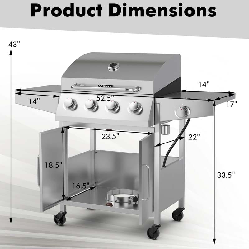 50000BTU 5-Burner Propane Gas Grill with 4 Wheels & 2 Prep Tables, Heavy-Duty BBQ Grill for Outdoor Cooking