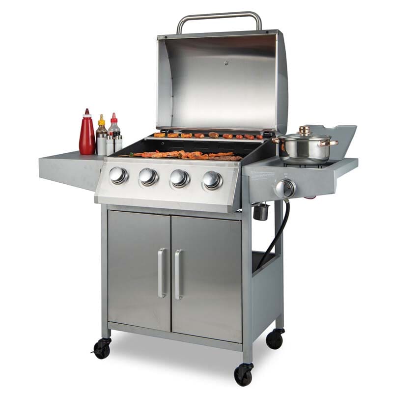 50000BTU 5-Burner Propane Gas Grill with 4 Wheels & 2 Prep Tables, Heavy-Duty BBQ Grill for Outdoor Cooking