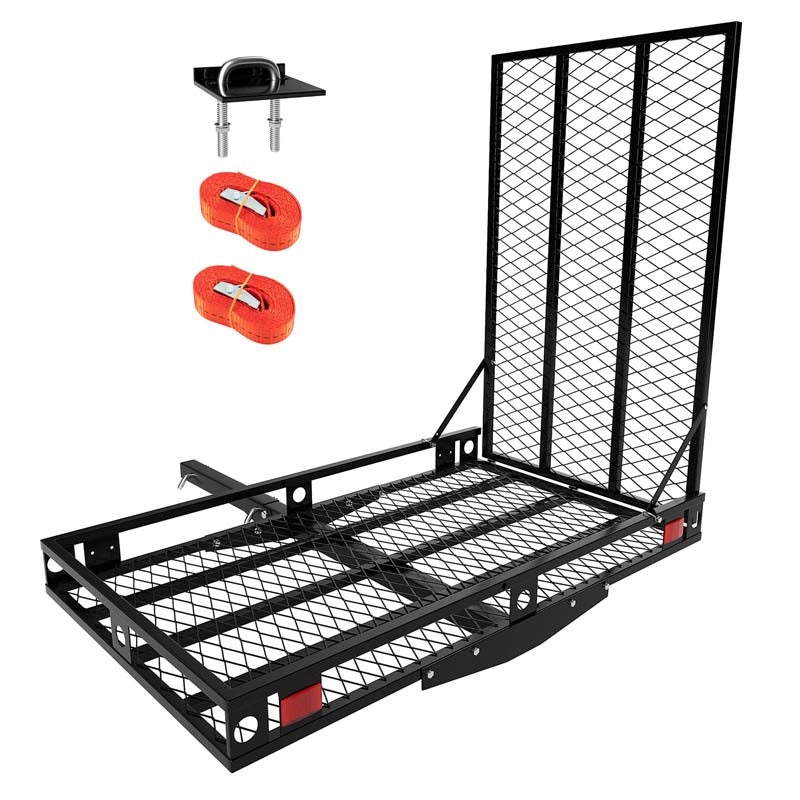 500 LBS Folding Hitch Mount Wheelchair Carrier, Mobility Scooter Loading Ramp w/2 Tie Down Straps, Heavy Duty Strong Hitch Cargo Carrier