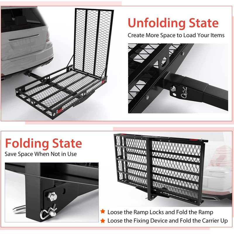 500 LBS Folding Hitch Mount Wheelchair Carrier, Mobility Scooter Loading Ramp w/2 Tie Down Straps, Heavy Duty Strong Hitch Cargo Carrier