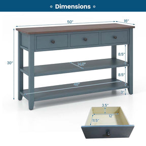 50" Farmhouse Entryway Table, Narrow Console Table with 3 Storage Drawers & 2 Open Shelves, Wooden Behind Couch Side Table