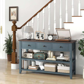 50" Farmhouse Entryway Table, Narrow Console Table with 3 Storage Drawers & 2 Open Shelves, Wooden Behind Couch Side Table