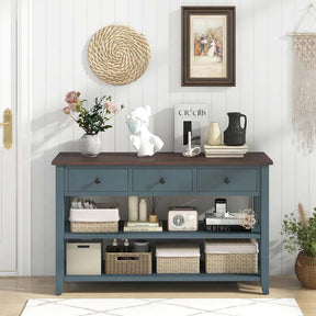 50" Farmhouse Entryway Table, Narrow Console Table with 3 Storage Drawers & 2 Open Shelves, Wooden Behind Couch Side Table