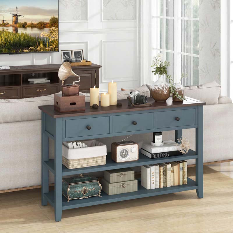 50" Farmhouse Entryway Table, Narrow Console Table with 3 Storage Drawers & 2 Open Shelves, Wooden Behind Couch Side Table