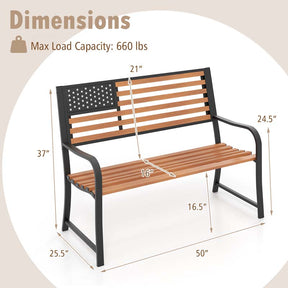 50" 2-Person Metal Outdoor Garden Bench with Flag Pattern Backrest & Rustic Wood Grain Finish, Patriotic Bench with Arms