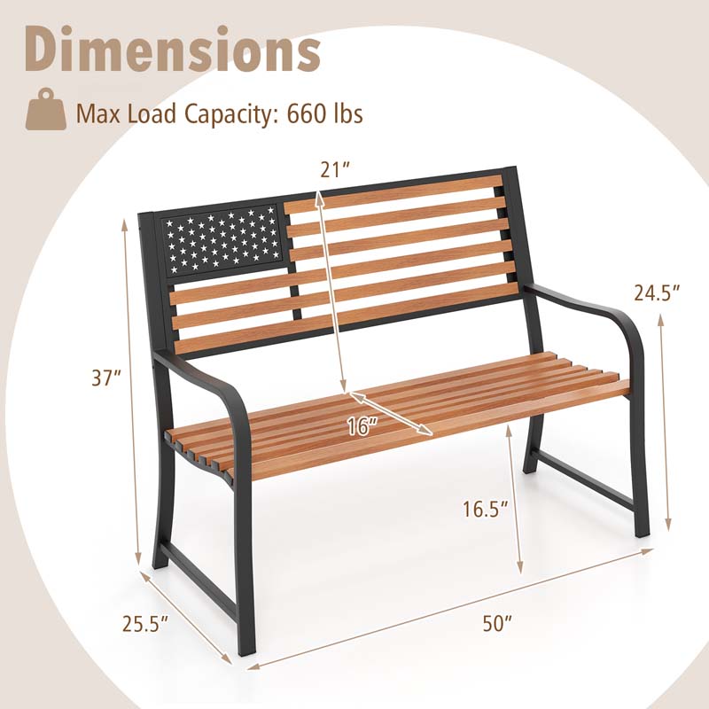 50" 2-Person Metal Outdoor Garden Bench with Flag Pattern Backrest & Rustic Wood Grain Finish, Patriotic Bench with Arms