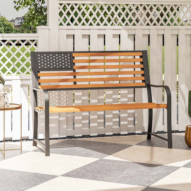 50" 2-Person Metal Outdoor Garden Bench with Flag Pattern Backrest & Rustic Wood Grain Finish, Patriotic Bench with Arms