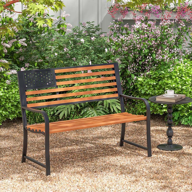 50" 2-Person Metal Outdoor Garden Bench with Flag Pattern Backrest & Rustic Wood Grain Finish, Patriotic Bench with Arms