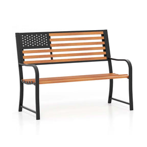 50" 2-Person Metal Outdoor Garden Bench with Flag Pattern Backrest & Rustic Wood Grain Finish, Patriotic Bench with Arms