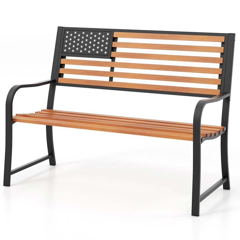 50" 2-Person Metal Outdoor Garden Bench with Flag Pattern Backrest & Rustic Wood Grain Finish, Patriotic Bench with Arms