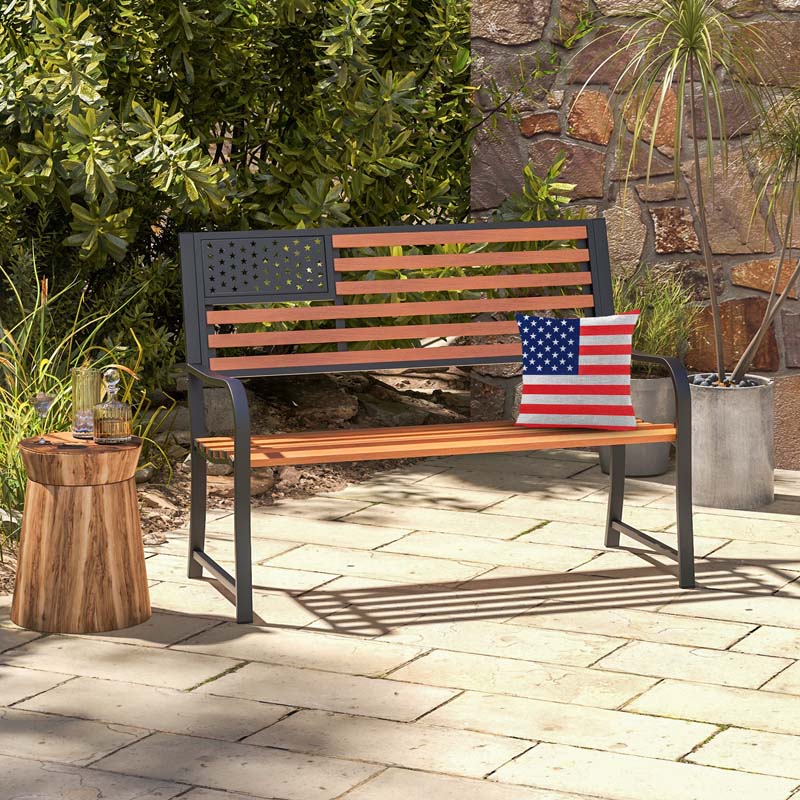 50" 2-Person Metal Outdoor Garden Bench with Flag Pattern Backrest & Rustic Wood Grain Finish, Patriotic Bench with Arms