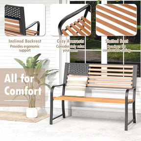 50" 2-Person Metal Outdoor Garden Bench with Flag Pattern Backrest & Rustic Wood Grain Finish, Patriotic Bench with Arms