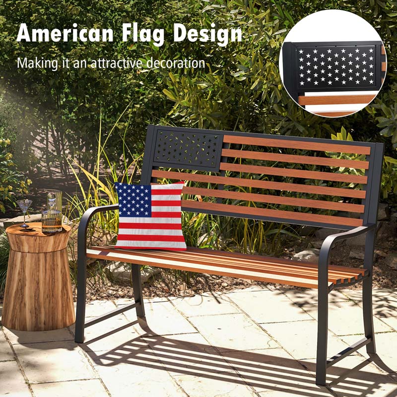 50" 2-Person Metal Outdoor Garden Bench with Flag Pattern Backrest & Rustic Wood Grain Finish, Patriotic Bench with Arms