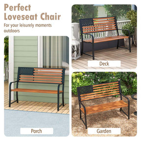 50" 2-Person Metal Outdoor Garden Bench with Flag Pattern Backrest & Rustic Wood Grain Finish, Patriotic Bench with Arms