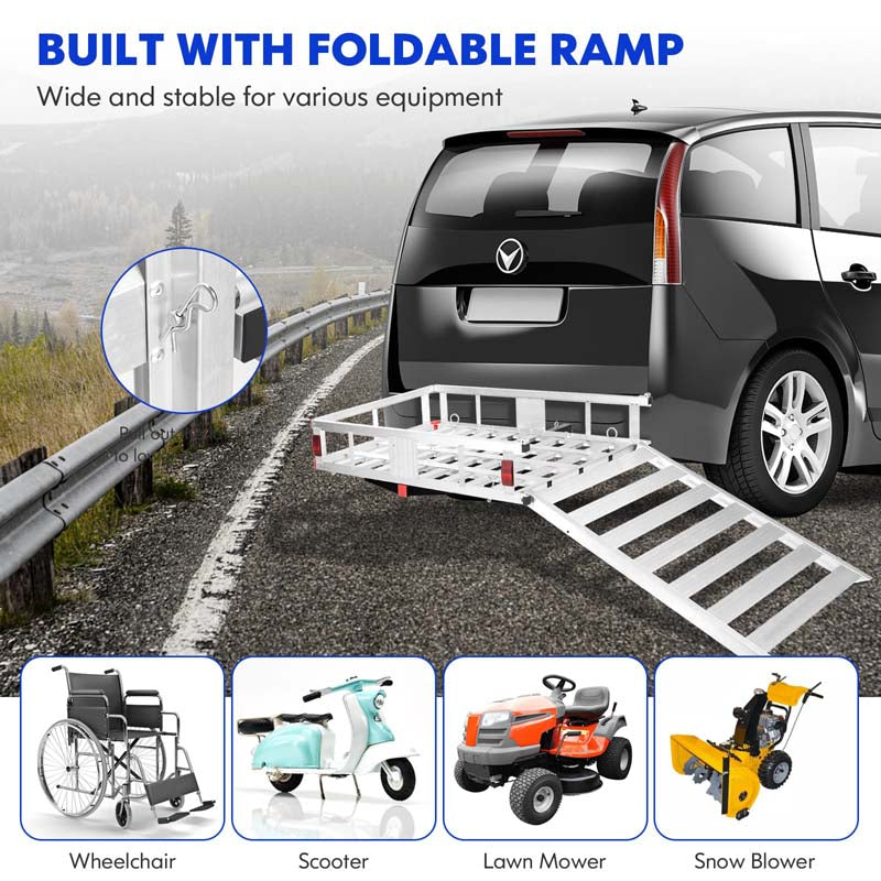 500 lbs Capacity Trailer Hitch Cargo Carrier w/Lift Ramp, 50" x 29.5" Aluminum Wheelchair Scooter Mobility Carrier for RV Truck SUV Van Car