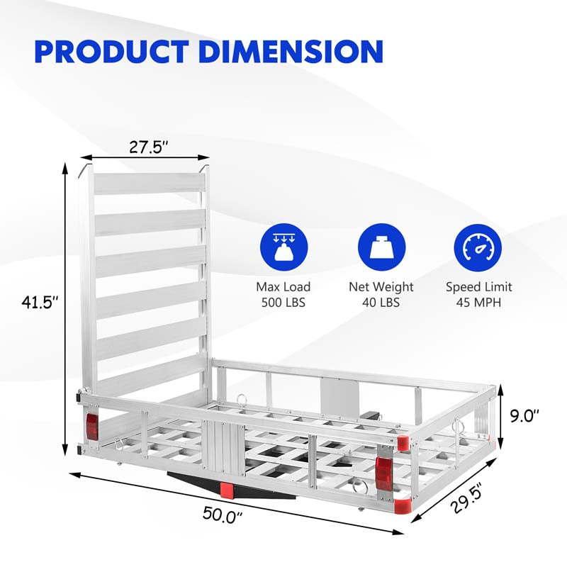 500 lbs Capacity Trailer Hitch Cargo Carrier w/Lift Ramp, 50" x 29.5" Aluminum Wheelchair Scooter Mobility Carrier for RV Truck SUV Van Car