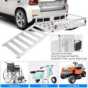 500 lbs Capacity Trailer Hitch Cargo Carrier w/Lift Ramp, 50" x 29.5" Aluminum Wheelchair Scooter Mobility Carrier for RV Truck SUV Van Car