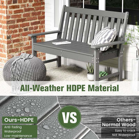 52" HDPE 2-Person Outdoor Patio Bench All-Weather Garden Park Bench Porch Loveseat Chair with Backrest & Armrests