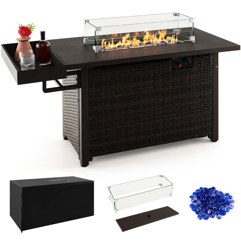 52 Inch 50,000 BTU Outdoor Wicker Gas Fire Pit Propane Fire Table with Wind Guard & Extended Shelf