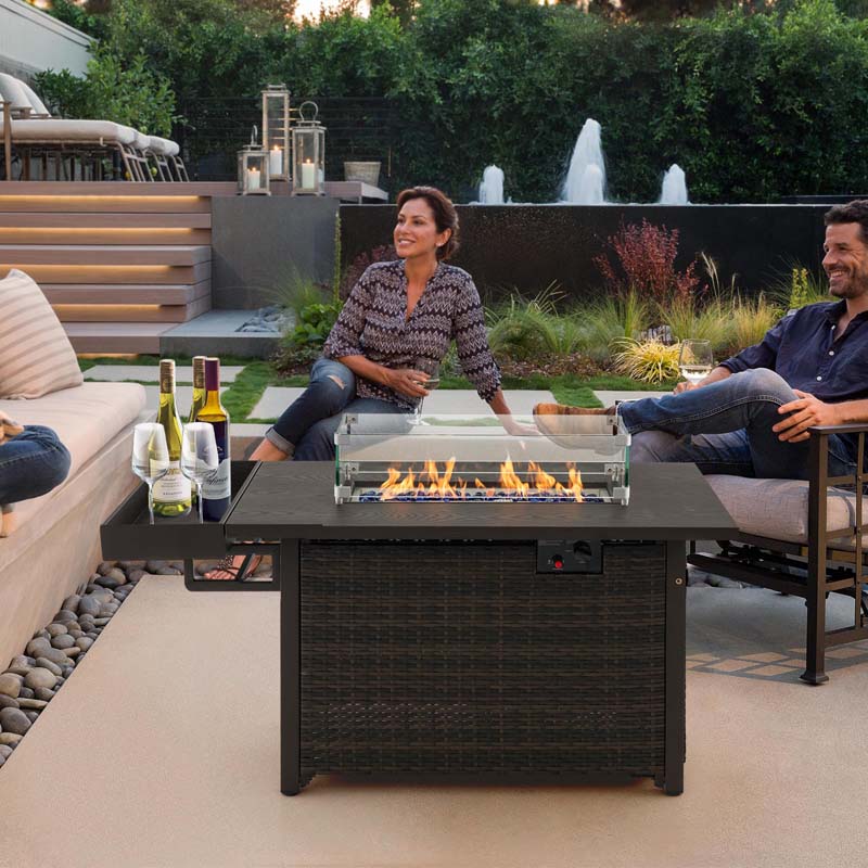 52 Inch 50,000 BTU Outdoor Wicker Gas Fire Pit Propane Fire Table with Wind Guard & Extended Shelf