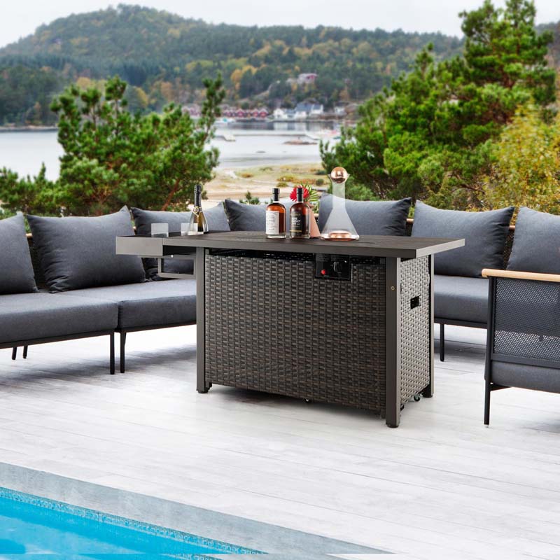 52 Inch 50,000 BTU Outdoor Wicker Gas Fire Pit Propane Fire Table with Wind Guard & Extended Shelf