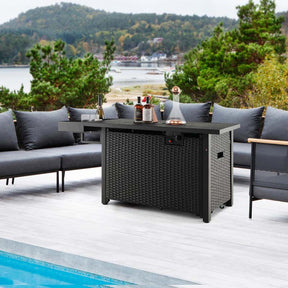 52 Inch 50,000 BTU Outdoor Wicker Gas Fire Pit Propane Fire Table with Wind Guard & Extended Shelf