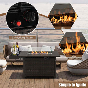 52 Inch 50,000 BTU Outdoor Wicker Gas Fire Pit Propane Fire Table with Wind Guard & Extended Shelf