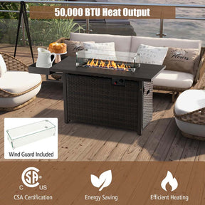 52 Inch 50,000 BTU Outdoor Wicker Gas Fire Pit Propane Fire Table with Wind Guard & Extended Shelf