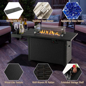 52 Inch 50,000 BTU Outdoor Wicker Gas Fire Pit Propane Fire Table with Wind Guard & Extended Shelf